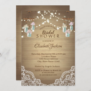 Rustic Lace, Floral Mason Jar, String Lights Invitation