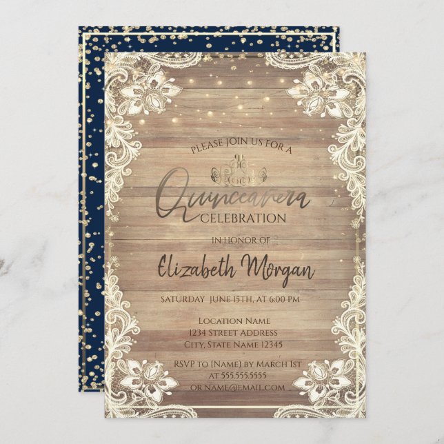 Rustic Lace,Gold Tiara,Lights Diamonds Quinceañera Invitation (Front/Back)