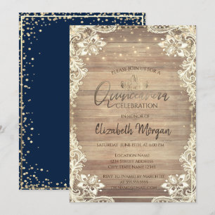 Rustic Lace,Gold Tiara,Lights Diamonds Quinceañera Invitation