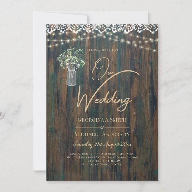 Rustic Lace Gypsophila Lights Mason Jar Wedding Invitation (Front)