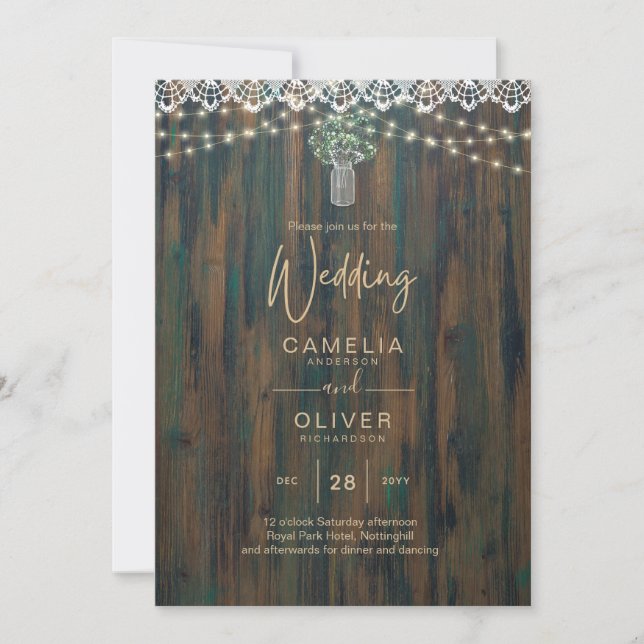 Rustic Lace Gypsophila Lights Mason Jar Wedding Invitation (Front)