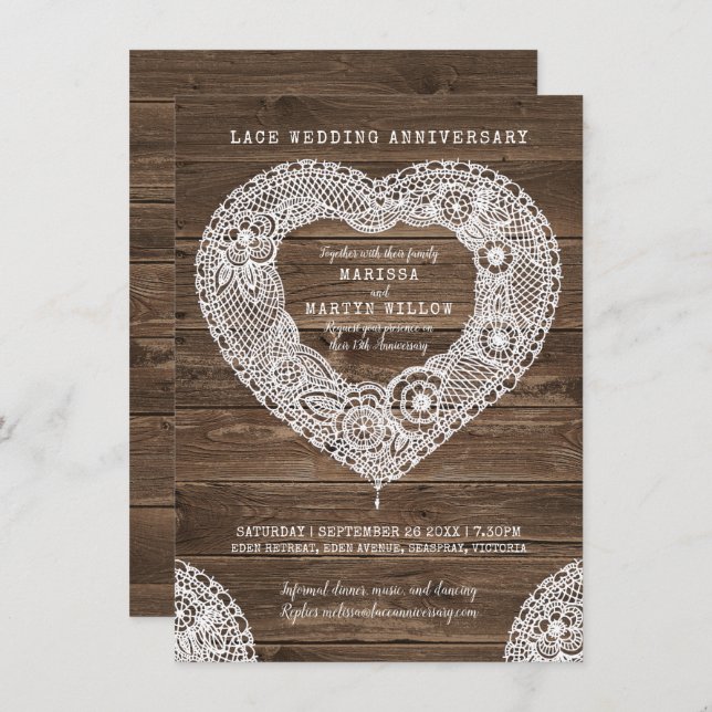 Rustic lace heart 13th wedding anniversary invitation (Front/Back)