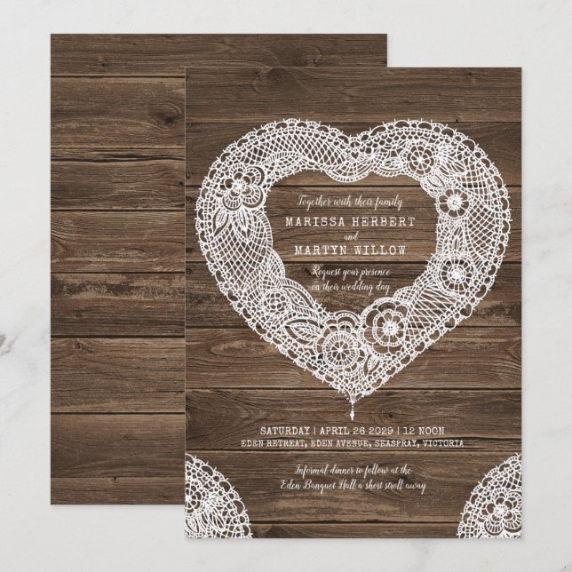 Rustic lace heart on wood wedding invitations (Front/Back)