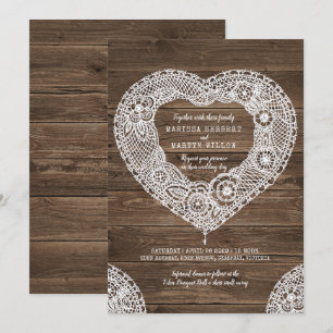 Rustic lace heart on wood wedding invitations