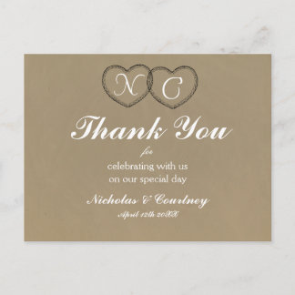 Rustic Lace Hearts Initials Thank You Postcard