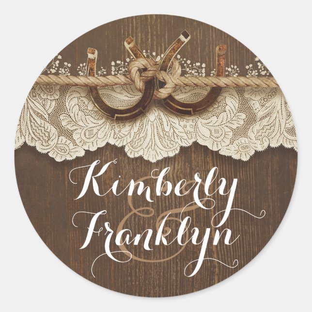 Rustic Lace Horseshoes Country Brown Wedding Classic Round Sticker (Front)