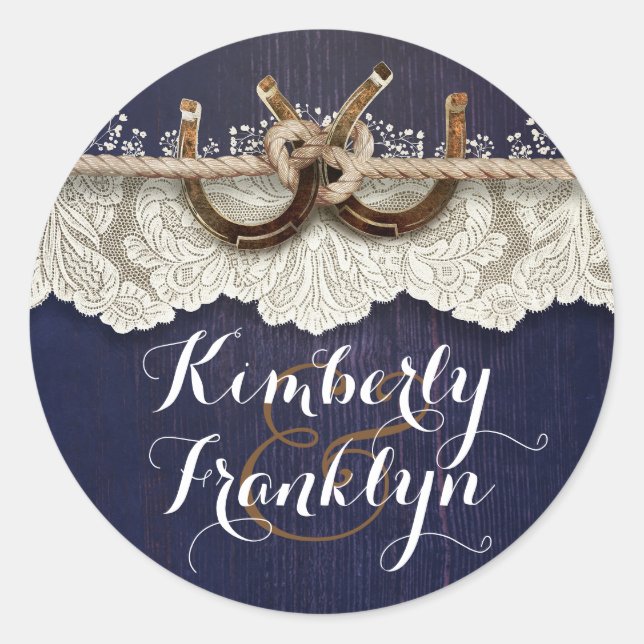 Rustic Lace Horseshoes Country Navy Wedding Classic Round Sticker (Front)