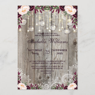 Rustic Lace Jar Wood String Lights Bridal Shower Invitation