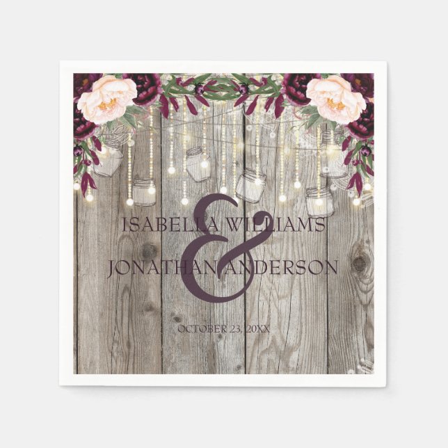 Rustic Lace Jar Wood & String Lights Wedding Napkin (Front)