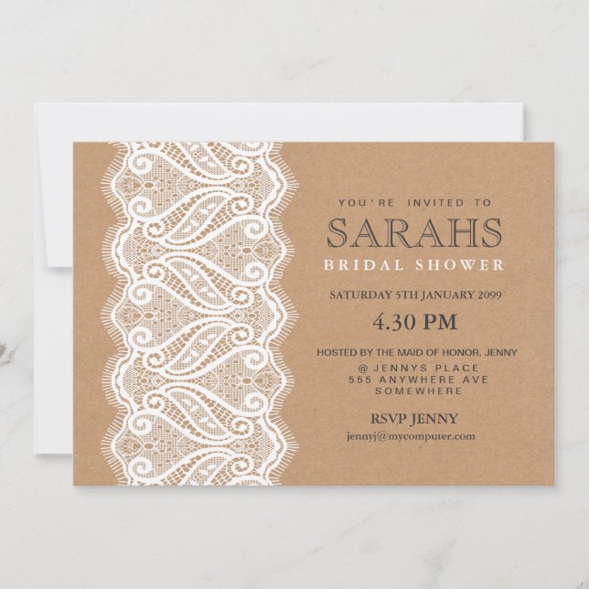 Rustic Lace & Kraft Bridal Shower Party Invite (Front)