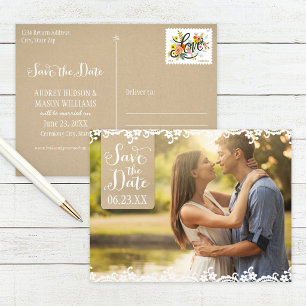 Rustic Lace Kraft Photo Save the Date Announcement Postcard