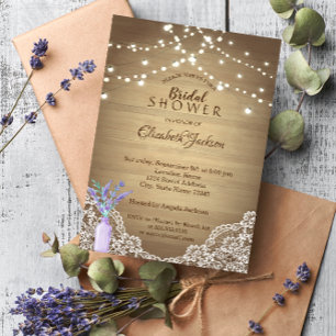 Rustic Lace, Lavander Mason Jar, String Lights Invitation