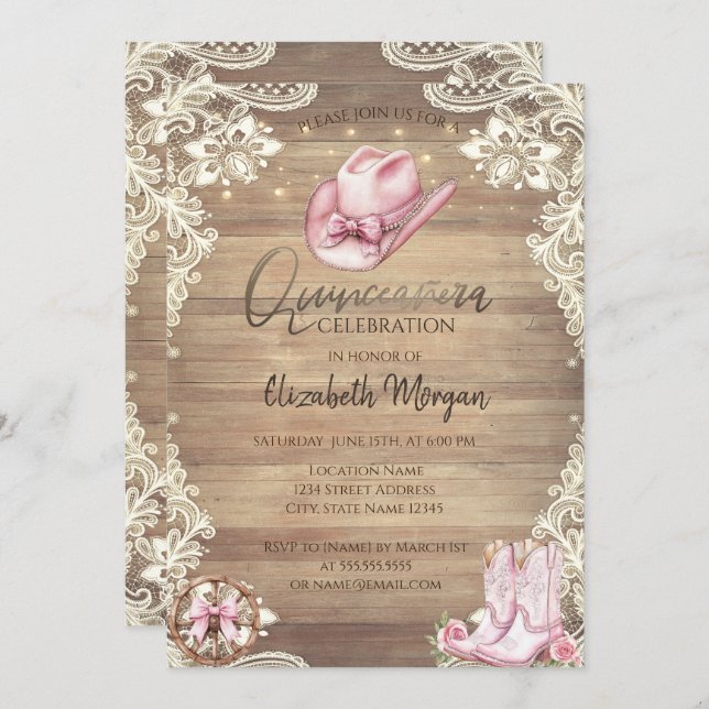 Rustic Lace,Lights Cowgirl Boots Hat Quinceañera Invitation (Front/Back)