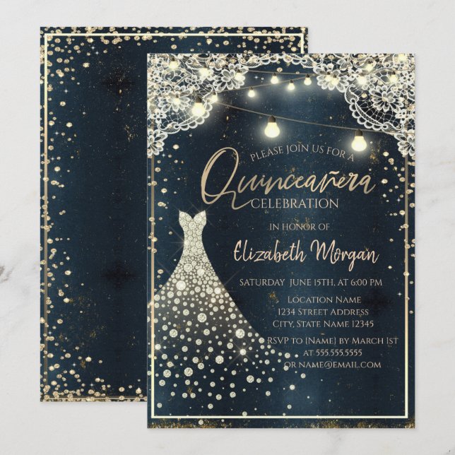 Rustic Lace,Lights,Diamonds Dress Blue Quinceañera Invitation (Front/Back)