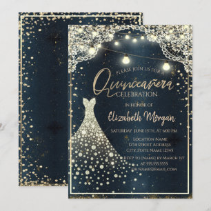 Rustic Lace,Lights,Diamonds Dress Blue Quinceañera Invitation