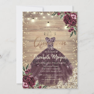 Rustic Lace,Lights,Dress,Roses Wood Quinceañera Invitation