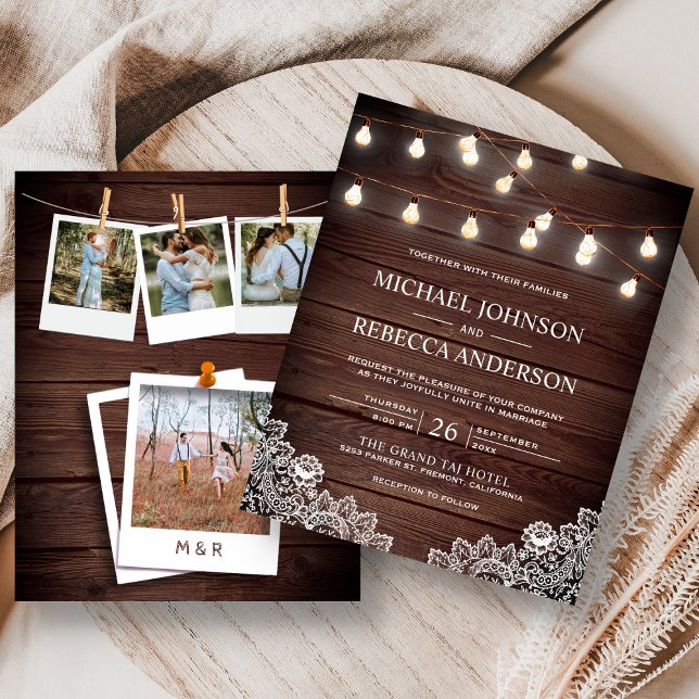 Rustic Lace Lights Photo Budget Wedding Invitation (Creator Uploaded)