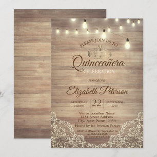 Rustic Lace,Lights,Tiara,Quinceañera Party Invitation