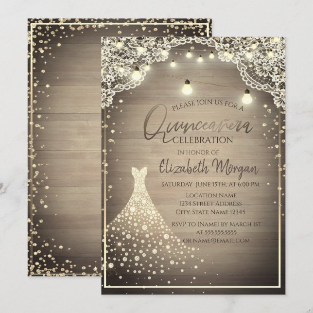 Rustic Lace,Lights,Wood Diamonds Dress Quinceañera Invitation (Front/Back)