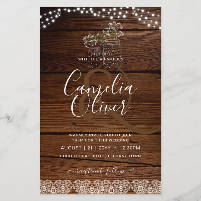 Rustic Lace Mason Jar Lights Gypsophila Wedding Flyer (Front)