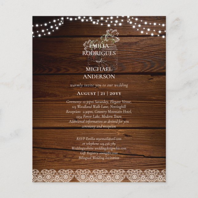 Rustic Lace Mason Jar Lights Gypsophila Wedding Flyer (Front)