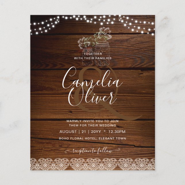 Rustic Lace Mason Jar Lights Gypsophila Wedding Flyer (Front)