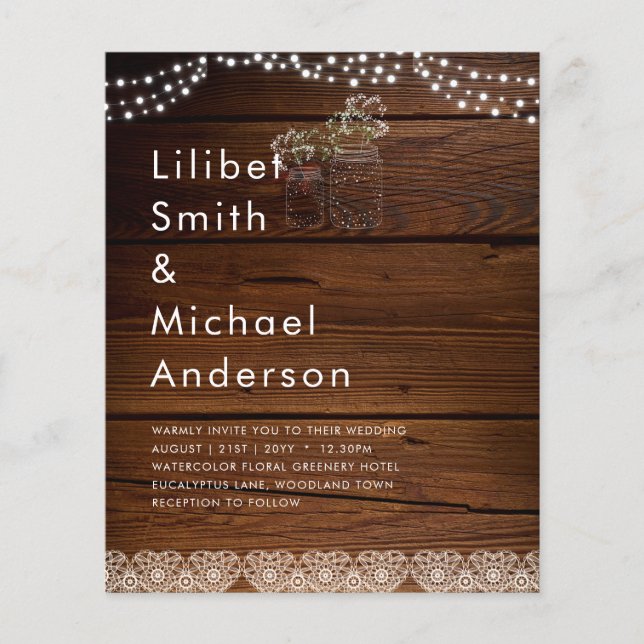 Rustic Lace Mason Jar Lights Gypsophila Wedding Flyer (Front)