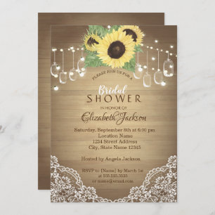 Rustic Lace, Mason Jar, String Lights, Sunflower Invitation