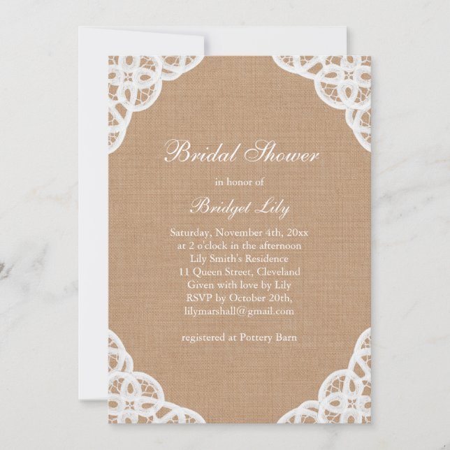 Rustic Lace & Medium Burlap Bridal Shower Invite (Front)