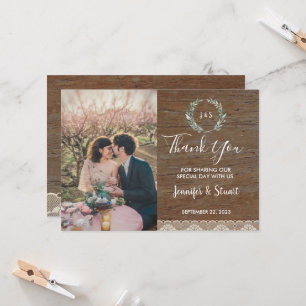 Rustic lace monogram photo wedding thank you card