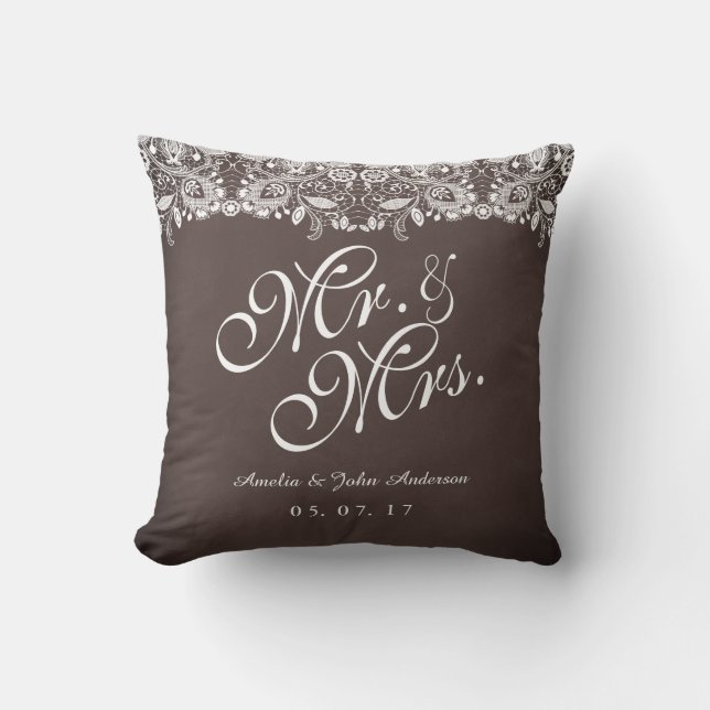 Rustic Lace Mr. and Mrs. Wedding Pillow (Front)