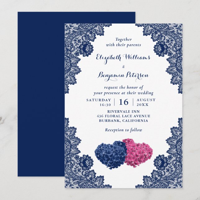 Rustic Lace Navy Blue and Pink Floral Wedding Invitation (Front/Back)