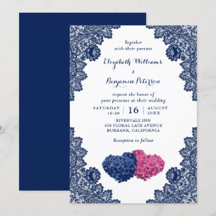 Rustic Lace Navy Blue and Pink Floral Wedding Invitation