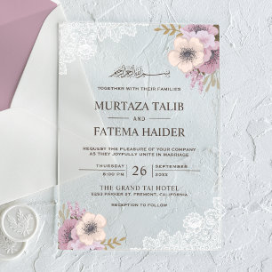 Rustic Lace Pink Floral Islamic Wedding Acrylic Invitations