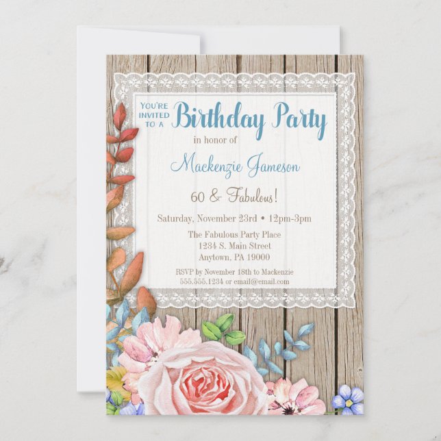 Rustic Lace Pink Rose Bouquet Birthday Invitation (Front)