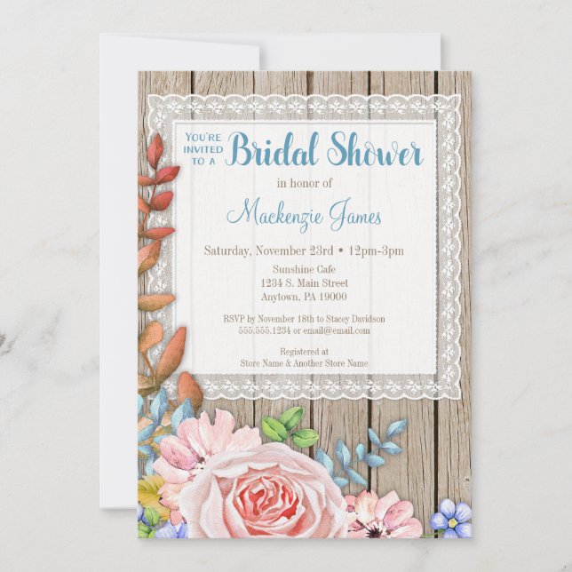 Rustic Lace Pink Rose Bridal Shower Invitation (Front)