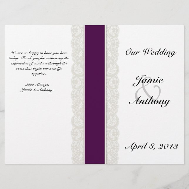 Rustic Lace & Plum Ribbon Wedding Program (Front)