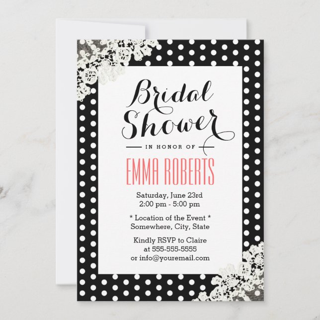 Rustic Lace & Polka Dots Elegant Bridal Shower Invitation (Front)