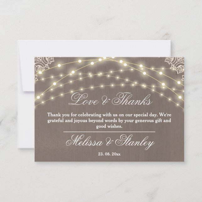 Rustic Lace String Light Calligraphy Love & Thanks Thank You Card (Front)