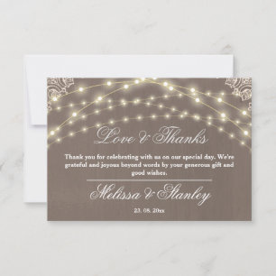 Rustic Lace String Light Calligraphy Love & Thanks Thank You Card