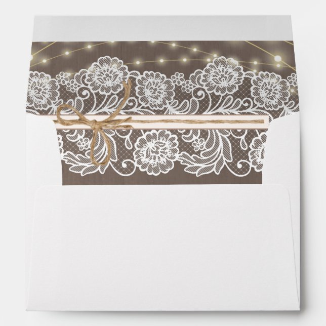 Rustic Lace String Light Return Address Wedding Envelope (Back (Bottom))