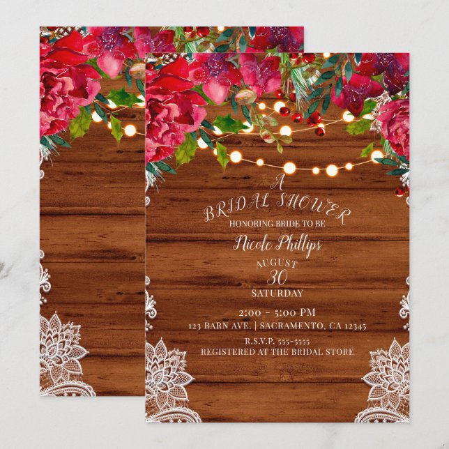 Rustic Lace & String Lights Holiday Bridal Shower Invitation (Front/Back)