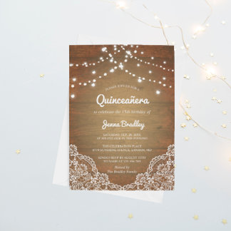 Rustic Lace String Lights Quinceañera Birthday Invitation