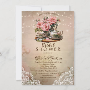 Rustic Lace String Lights Tea Set Bridal Shower Invitation