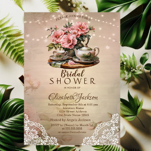 Rustic Lace String Lights Tea Set Bridal Shower Invitation