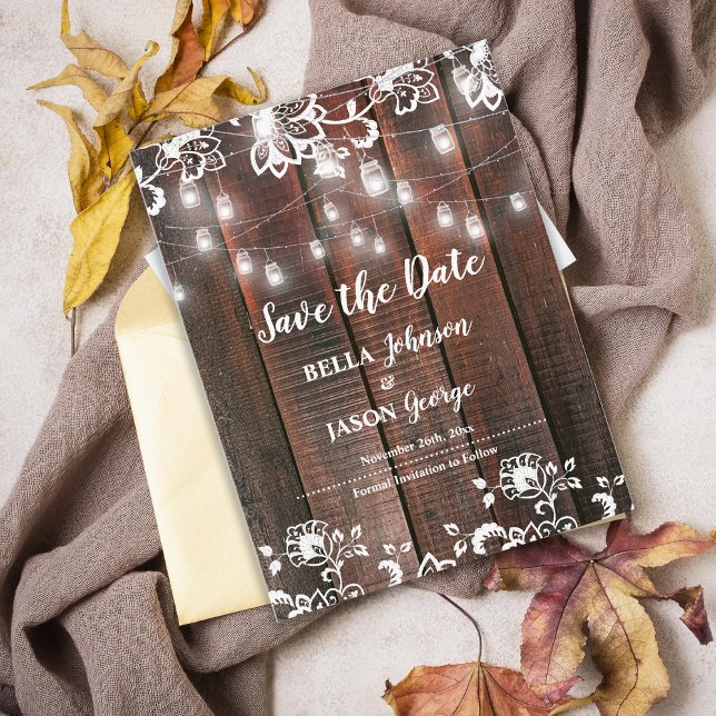 Rustic Lace String Lights Wedding Save The Date Invitation Postcard (Rustic Wood String Lights Save the Date Invitation | Barn Wedding Lace Wood Save Our Date Card)