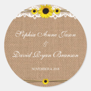 Rustic Lace, Sun Flowers, Burlap Wedding Custom Classic Round Sticker