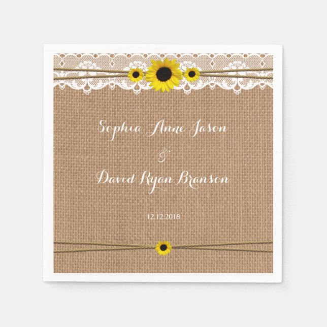Rustic Lace, Sun Flowers, Burlap Wedding Custom Napkin (Front)