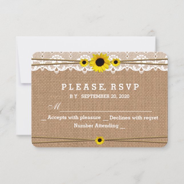 Rustic Lace, Sun Flowers, Burlap Wedding RSVP (Front)