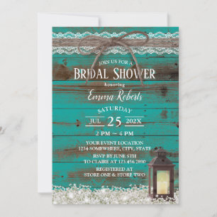 Rustic Lace Teal Barn Lantern Bridal Shower Invitation